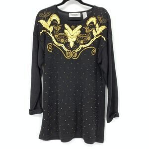 Trimmings Sweater Dress Women’s M Black Gold Sequin Beaded Vintage Knit Long Top